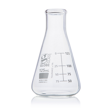 Flask, Erlenmeyer, Globe Glass, 125 mL, Narrow Mouth, Dual Graduations, ASTM E1404, 48/CS, Globe Scientific, 8400125
