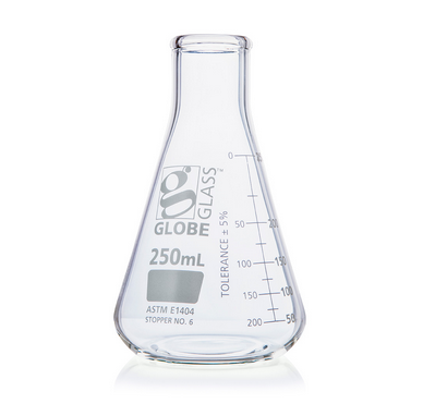 Flask, Erlenmeyer, Globe Glass, 250 mL, Narrow Mouth, Dual Graduations, ASTM E1404, 48/CS, Globe Scientific, 8400250