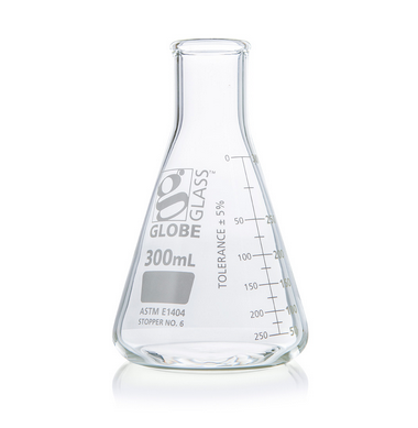 Flask, Erlenmeyer, Globe Glass, 300 mL, Narrow Mouth, Dual Graduations, ASTM E1404, 48/CS, Globe Scientific, 8400300