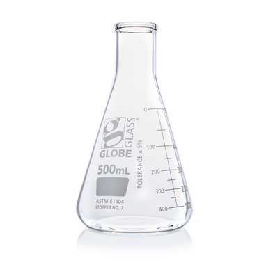 Flask, Erlenmeyer, Globe Glass, 500 mL, Narrow Mouth, Dual Graduations, ASTM E1404, 36/CS, Globe Scientific, 8400500