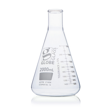 Flask, Erlenmeyer, Globe Glass, 2000 mL, Narrow Mouth, Dual Graduations, ASTM E1404, 8/CS, Globe Scientific, 8402000