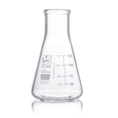 Flask, Erlenmeyer, Globe Glass, 125 mL, Wide Mouth, Dual Graduations, ASTM E1404, 48/CS, Globe Scientific, 8410125