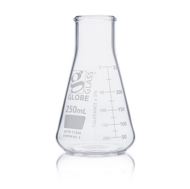 Flask, Erlenmeyer, Globe Glass, 250 mL, Wide Mouth, Dual Graduations, ASTM E1404, 48/CS, Globe Scientific, 8410250