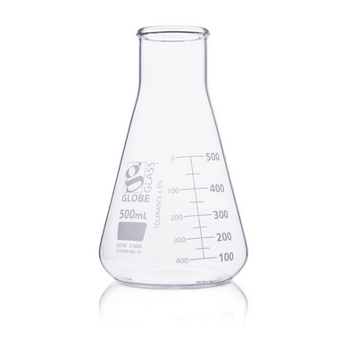 Flask, Erlenmeyer, Globe Glass, 500 mL, Wide Mouth, Dual Graduations, ASTM E1404, 36/CS, Globe Scientific, 8410500