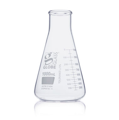 Flask, Erlenmeyer, Globe Glass, 1000 mL, Wide Mouth, Dual Graduations, ASTM E1404, 24/CS, Globe Scientific, 8411000
