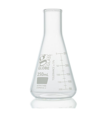 Flask, Erlenmeyer, Globe Glass, 250 mL, Heavy Duty, Narrow Mouth, Dual Graduations, ASTM E1406, 18/CS, Globe Scientific, 8430250