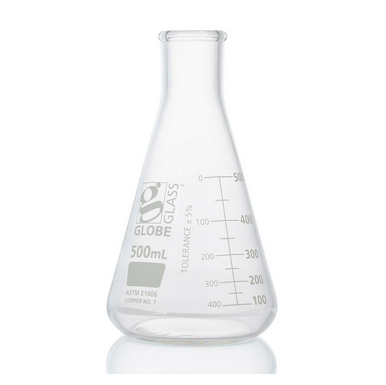 Flask, Erlenmeyer, Globe Glass, 500 mL, Heavy Duty, Narrow Mouth, Dual Graduations, ASTM E1406, 6/CS, Globe Scientific, 8430500