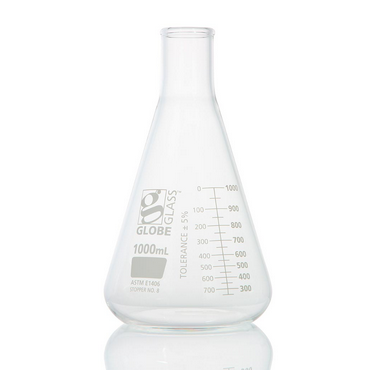 Flask, Erlenmeyer, Globe Glass, 1000 mL, Heavy Duty, Narrow Mouth, Dual Graduations, ASTM E1406, 6/CS, Globe Scientific, 8431000