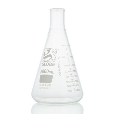 Flask, Erlenmeyer, Globe Glass, 2000 mL, Heavy Duty, Narrow Mouth, Dual Graduations, ASTM E1406, 12/CS, Globe Scientific, 8432000