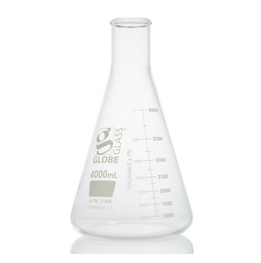 Flask, Erlenmeyer, Globe Glass, 4000 mL, Heavy Duty, Narrow Mouth, Dual Graduations, ASTM E1406, 6/CS, Globe Scientific, 8434000