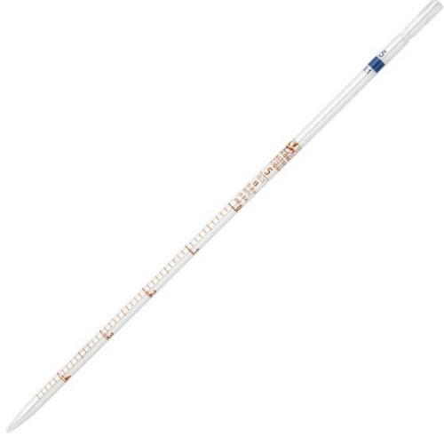 Pipette, Serological, Glass, Reusable, 5 mL, Class B, To Deliver (TD), 0.1 mL Graduations, Blue Band, ASTM E1044, 12/CS (in 2 Boxes of 6), Globe Scientific, 8510005