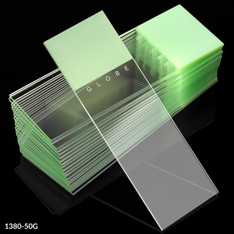 Microscope Slides, Diamond White Glass, 25 x 75 mm, 90 Degree Ground Edges, GREEN Frosted, 1440/CS (20 PKs of 72), Globe Scientific, 1380-50G