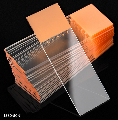Microscope Slides, Diamond White Glass, 25 x 75 mm, 90 Degree Ground Edges, ORANGE Frosted, 1440/CS (20 PKs of 72), Globe Scientific, 1380-50N