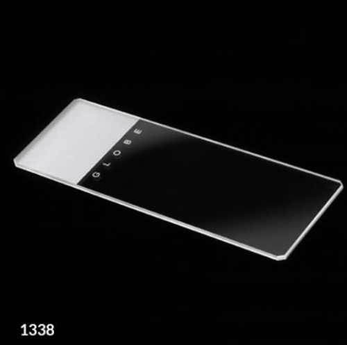 Microscope Slides, Glass, 25 x 75 mm, 45 Degree Beveled Edges, Clipped Corners, Frosted, 1 End, Both Sides, 1440/CS (20 PKs of 72), Globe Scientific, 1338