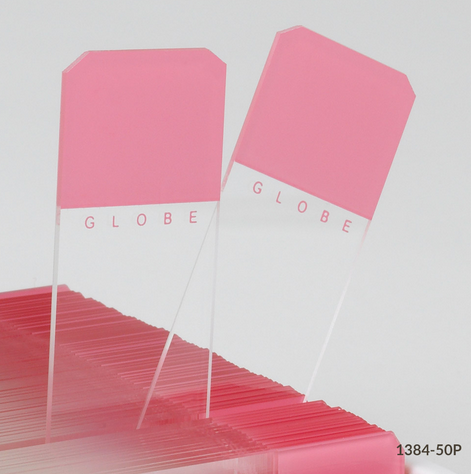 Microscope Slides, Diamond White Glass, 25 x 75 mm, 45 Degree Beveled Edges, Clipped Corners, PINK Frosted, 1440/CS (20 PKs of 72), Globe Scientific, 1384-50P