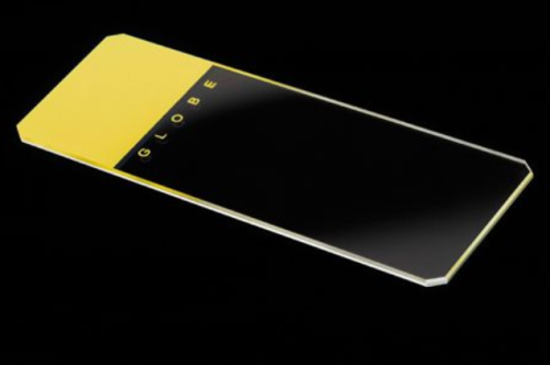 ** SPECIAL ORDER COLOR ** Microscope Slides, Diamond White Glass, 25 x 75 mm, 45 Degree Beveled Edges, Clipped Corners, YELLOW Frosted, 1440/CS (20 PKs of 72), Globe Scientific, 1384-50Y