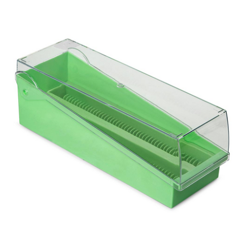 Slide Storage Box with Hinged Lid and Removable Draining Tray, 100-Place for up to 200 Slides, ABS, Green, EA, Globe Scientific, 513250G-1