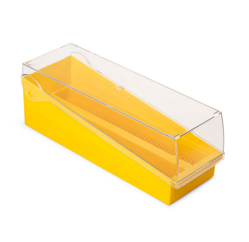 Slide Storage Box with Hinged Lid and Removable Draining Tray, 100-Place for up to 200 Slides, ABS, Yellow, EA, Globe Scientific, 513250Y-1