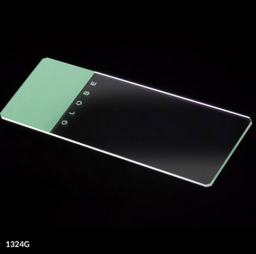 Microscope Slides, Glass, 25 x 75 mm, 90 Degree Ground Edges with Safety Corners, Green Frosted, 1440/CS (20 PKs of 72), Globe Scientific, 1324G