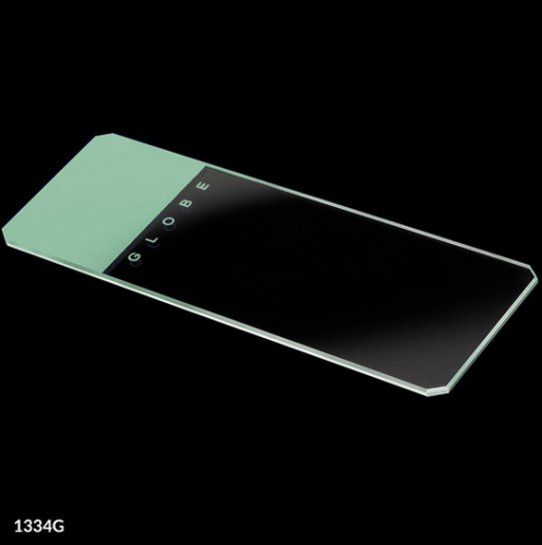 Microscope Slides, Glass, 25 x 75 mm, 45 Degree Beveled Edges, Clipped Corners, Green Frosted, 144/PK (2 Boxes of 72), Globe Scientific, 1334G-144