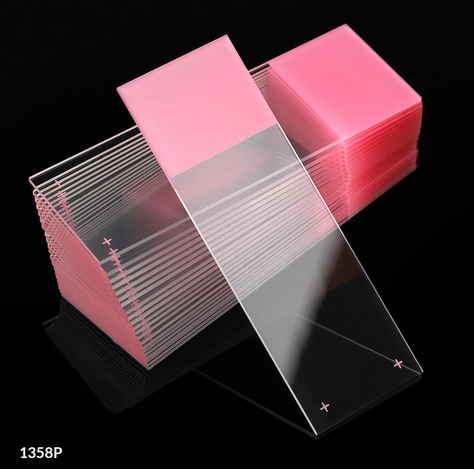 Microscope Slides, Diamond White Glass, 25 x 75 mm, Charged, 90 Degree Ground Edges, Pink Frosted, 72/PK, Globe Scientific, 1358P-72