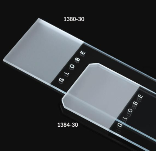 Microscope Slides, Diamond White Glass, 25 x 75 mm, 90 Degree Ground Edges, Frosted: 1 End, 2 Sides, 1440/CS (20 PKs of 72), Globe Scientific, 1380-30