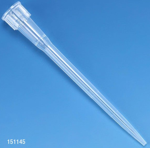 Pipette Tip, 0.1 - 20 microliter, Certified, Universal, Natural, 45 mm, Extended Length, STERILE, 9600/CS (10 Boxes of 10 Racks of 96), Globe Scientific, 151145RS-96