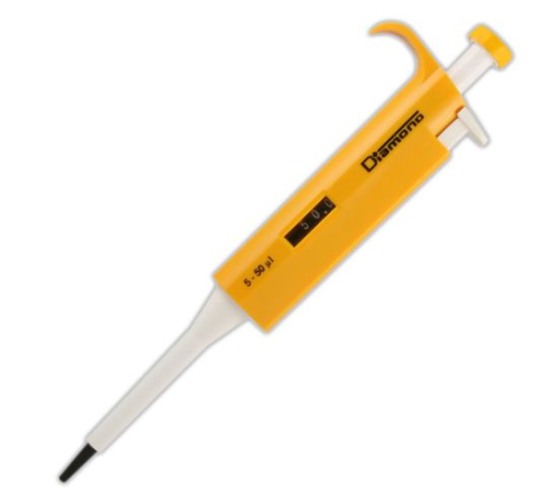 Pipette, Diamond, Adjustable Volume, 5 - 50 microliter, Yellow, Globe Scientific, 3301-50