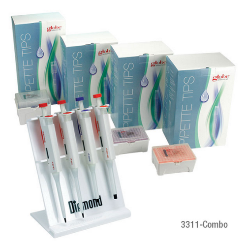 Pipette Kit, Diamond PRO Adjustable Volume Pipettors: 0.5-10 microliter, 2-20 microliter, 20-200 microliter, 100-1000 microliter; Sterile Racked Tips: 10 microliter, 20 microliter, 200 microliter, 1250 microliter and 4-Place Stand, Globe Scientific, 3311-