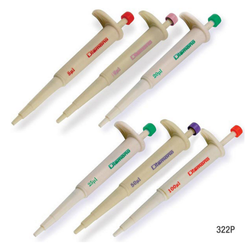 Pipette, Diamond Jr., Pack of 6 Pipettes (5 microliter, 10 microliter, 20 microliter, 25 microliter, 50 microliter and 100 microliter), Autoclavable, Globe Scientific, 3322P