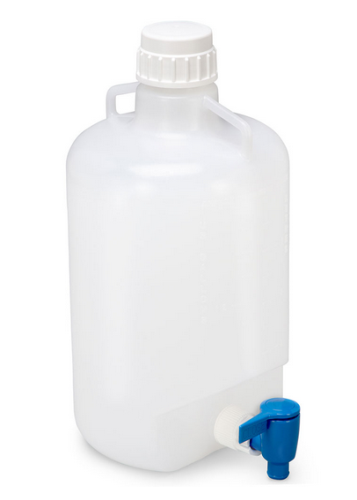 Carboy, Round with Spigot and Handles, Polypropylene (PP), White Polypropylene (PP) Screwcap, 5 Liter, Molded Graduations, Autoclavable, 6/CS, Globe Scientific, 7220005