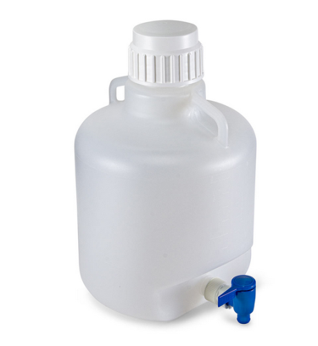 Carboy, Round with Spigot and Handles, Polypropylene (PP), White Polypropylene (PP) Screwcap, 10 Liter, Molded Graduations, Autoclavable, 6/CS, Globe Scientific, 7220010