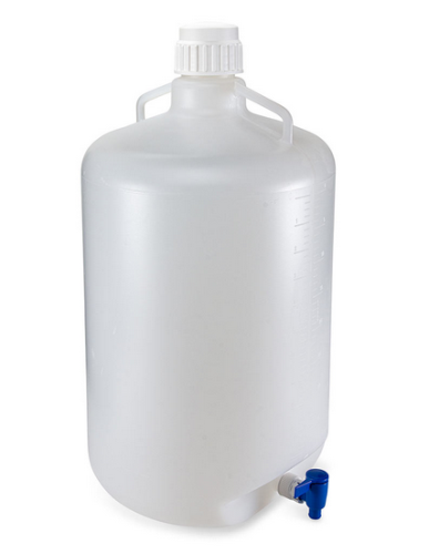 Carboy, Round with Spigot and Handles, Polypropylene (PP), White Polypropylene (PP) Screwcap, 50 Liter, Molded Graduations, Autoclavable, Globe Scientific, 7220050