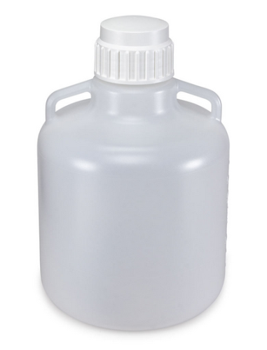 Carboy, Round with Handles, Heavy Duty Polypropylene (PP), White Polypropylene (PP) Screwcap, 10 Liter, Molded Graduations, Autoclavable, 6/CS, Globe Scientific, 7240010