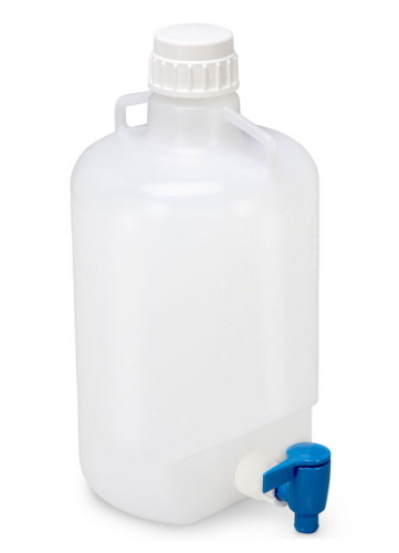 Carboy, Round with Spigot and Handles, Low-Density Polyethylene (LDPE), White Polypropylene (PP) Screwcap, 5 Liter, Molded Graduations, 6/CS, Globe Scientific, 7270005