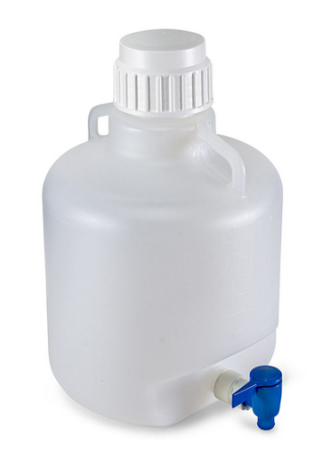 Carboy, Round with Spigot and Handles, Low-Density Polyethylene (LDPE), White Polypropylene (PP) Screwcap, 10 Liter, Molded Graduations, 6/CS, Globe Scientific, 7270010