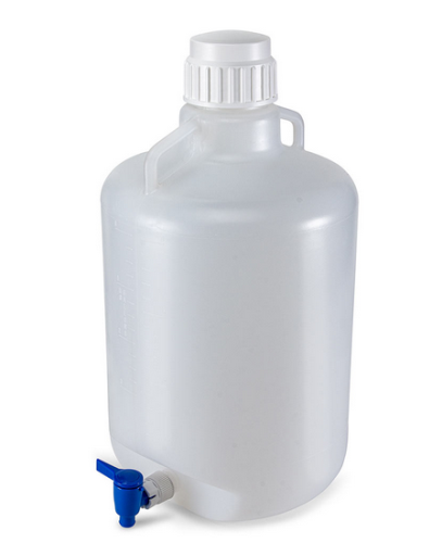 Carboy, Round with Spigot and Handles, Low-Density Polyethylene (LDPE), White Polypropylene (PP) Screwcap, 20 Liter, Molded Graduations, 4/CS, Globe Scientific, 7270020