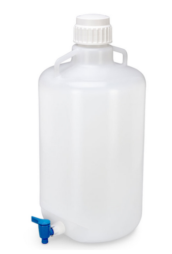 Carboy, Round with Spigot and Handles, Low-Density Polyethylene (LDPE), White Polypropylene (PP) Screwcap, 25 Liter, Molded Graduations, 4/CS, Globe Scientific, 7270025