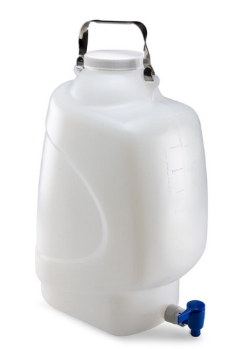 Carboy, Rectangular with Spigot and Handle, Polypropylene (PP), White Polypropylene (PP) Screwcap, 20 Liter, Molded Graduations, Autoclavable, 4/CS,Globe Scientific, 7300020