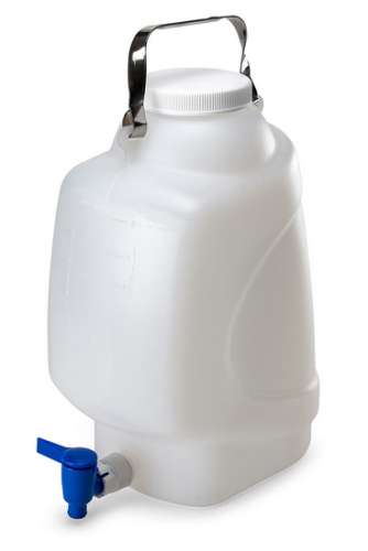 Carboy, Rectangular with Spigot and Handle, High-Density Polyethylene (HDPE), White Polypropylene (PP) Screwcap, 10 Liter, Molded Graduations, 6/CS, Globe Scientific, 7310010