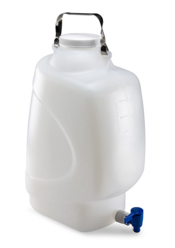 Carboy, Rectangular with Spigot and Handle, High-Density Polyethylene (HDPE), White Polypropylene (PP) Screwcap, 20 Liter, Molded Graduations, 4/CS,Globe Scientific, 7310020