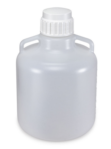 Carboy, Round with Handles, High-Density Polyethylene (HDPE), White Polypropylene (PP) Screwcap, 10 Liter, Molded Graduations, 6/CS, Globe Scientific, 7340010