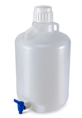 Carboy, Round with Spigot and Handles, High-Density Polyethylene (HDPE), White Polypropylene (PP) Screwcap, 20 Liter, Molded Graduations, 4/CS, Globe Scientific, 7350020