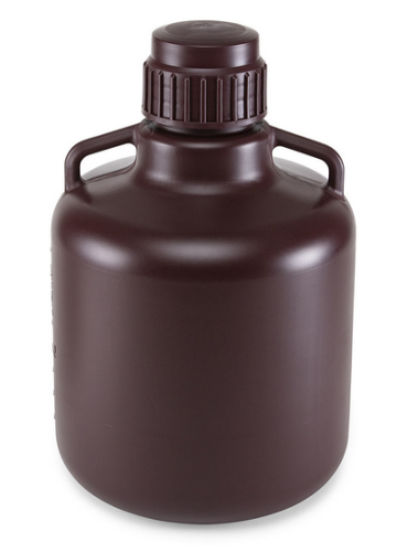 Carboy, Round with Handles, Amber High-Density Polyethylene (HDPE), Amber Polypropylene (PP) Screwcap, 10 Liter, Molded Graduations, Autoclavable, 6/CS, Globe Scientific, 7240010AM