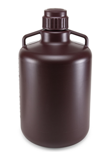 Carboy, Round with Handles, Amber High-Density Polyethylene (HDPE), Amber Polypropylene (PP) Screwcap, 20 Liter, Molded Graduations, Autoclavable, 4/CS, Globe Scientific, 7240020AM