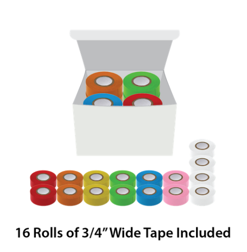 Labeling Tape, 3/4 in. x 500 in., Assorted Colors (4 White, 2 Blue, 2 Green, 2 Orange, 2 Pink, 2 Red, 2 Yellow) Total 16/CS, Globe Scientific, LT-075X500RW