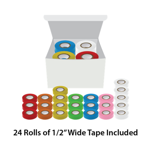 Labeling Tape, 1/2 in. x 500 in., Assorted Colors (5 White, 4 Yellow, 3 Blue, 3 Green, 3 Orange, 3 Pink, 3 Red) Total 24/CS, Globe Scientific, LT-05X500RW