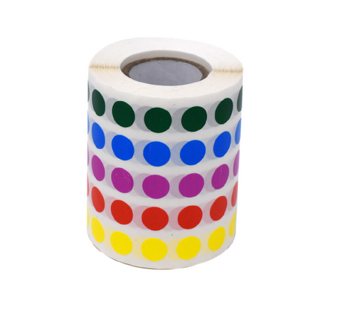 Label Rolls, Cryo, 9.5 mm Dots, for 0.5 - 1.5 mL Tubes, Assorted Colors (1000 dots in Blue, Green, Violet, Red and Yellow), 5000/PK, Globe Scientific, LCR-95RW
