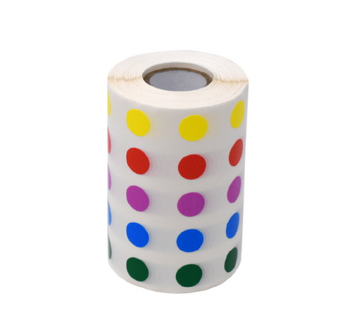 Label Rolls, Cryo, 13 mm Dots, for 1.5 - 2 mL Tubes, Assorted Colors (1000 dots in Blue, Green, Violet, Red and Yellow), 5000/PK, Globe Scientific, LCR-13RW