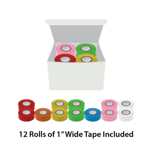 Labeling Tape, 1 in. x 500 in., Assorted Colors (2 Green, 2 Pink, 2 Red, 2 Yellow, 2 White, 1 Blue, 1 Orange), Total 12/CS, Globe Scientific, LT-1X500RW